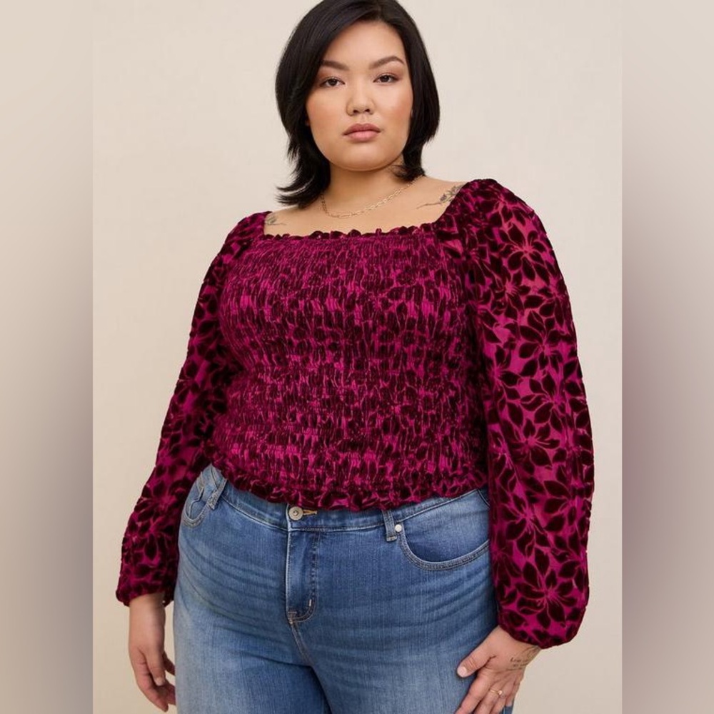 Torrid Burgundy Velvet Floral Burnout Squareneck Blouson Sleeve Smocked Top NWT